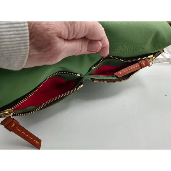 NWT Dooney & Bourke Green Nylon Hobo Shoulder Bag W/ Brown Leather Trim & Zipper
